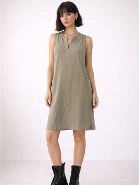 NAU Shift Dress Women Size 8 Khaki Utility Linen Lyocell Modern Minimalist
